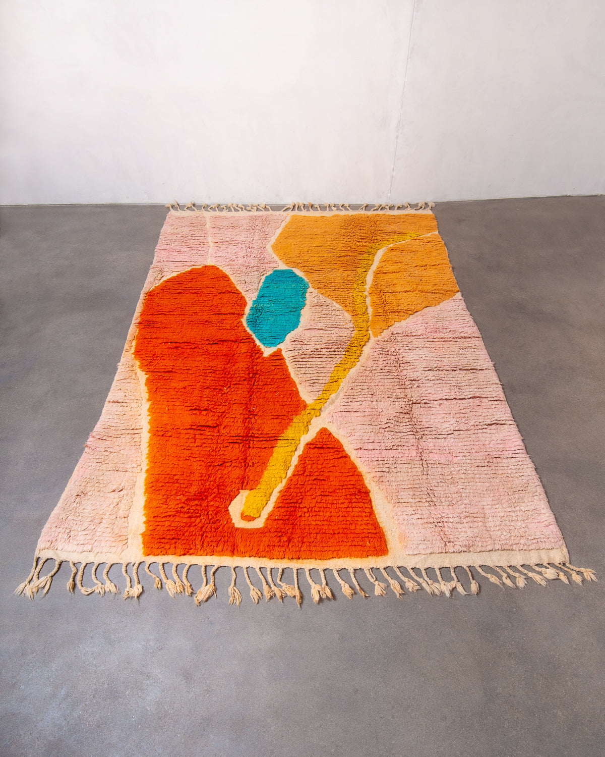 Modern, designer, handcrafted Berber rug from Morocco. Beniourain carpet with beautiful colours and patterns and fluffy wool texture.